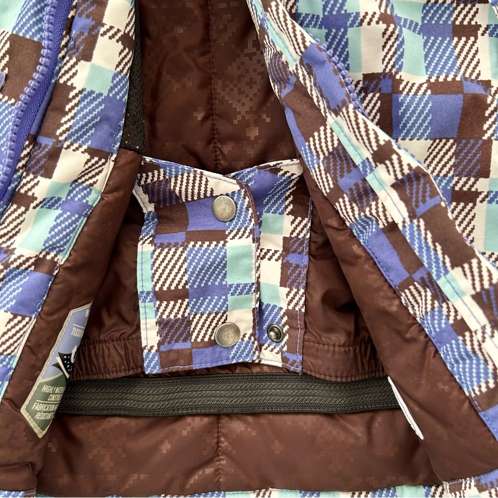 Columbia Snow Ski Waterproof Periwinkle Blue Brown Plaid Jacket Hood Size 14/16 - Picture 12 of 16